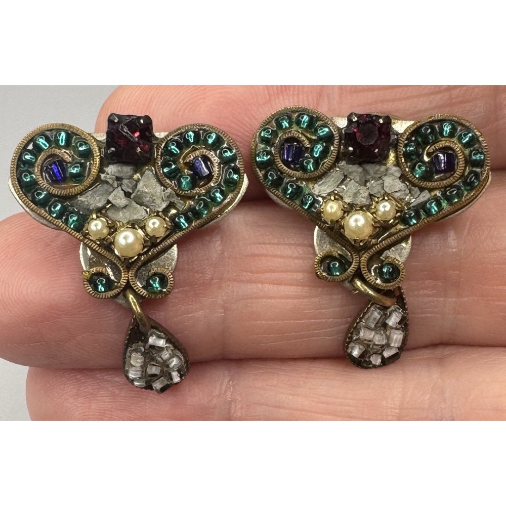 Ayala Bar Signed Mosaic Post Dangle Earrings Green Purple Gold Tone